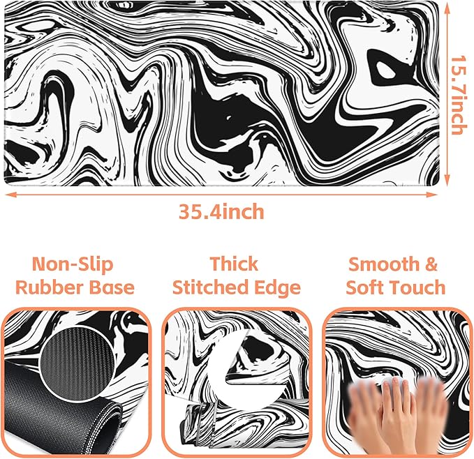 Mouse Pad Large Black and White Fluid Non-Slip Gaming Desk Mat - Image 3