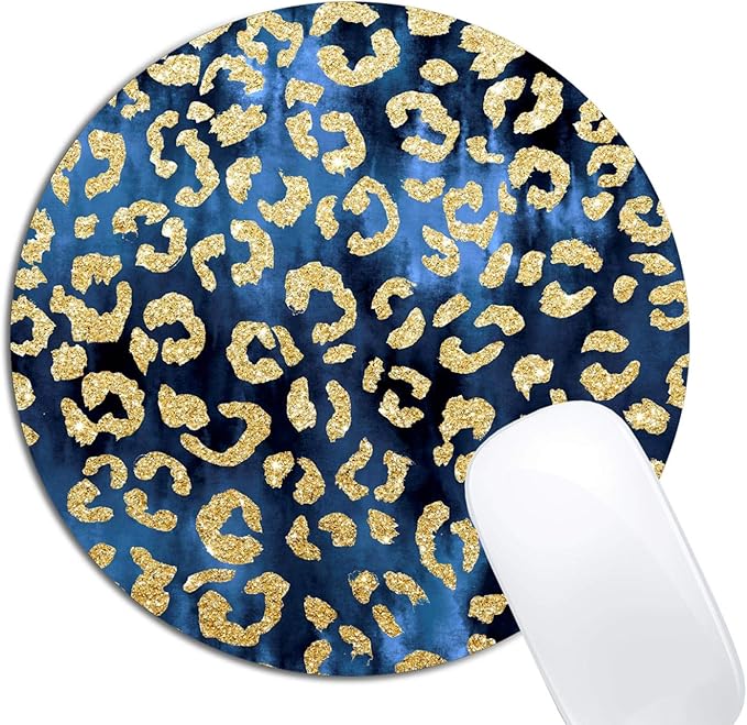 Leopard Gold Watercolor Navy Blue Mouse Pad Round Non-Slip Rubber Mousepad by XDMY