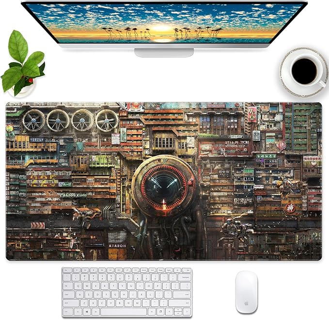 Futuristic Fantasy Mouse Pad, Cyberpunk Style Desk Mat, Extended XL Gaming by Cindasun