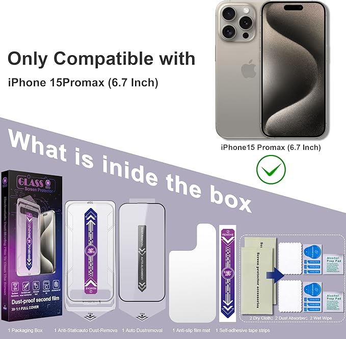 2 Pack Screen Protector for iPhone 15 Pro Max, 9H Tempered Glass, Full Coverage - Image 7