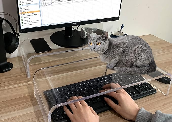 Clear Acrylic Monitor Stand, Keyboard Cover Protector Anti-Cat Prevent Cats - Image 2