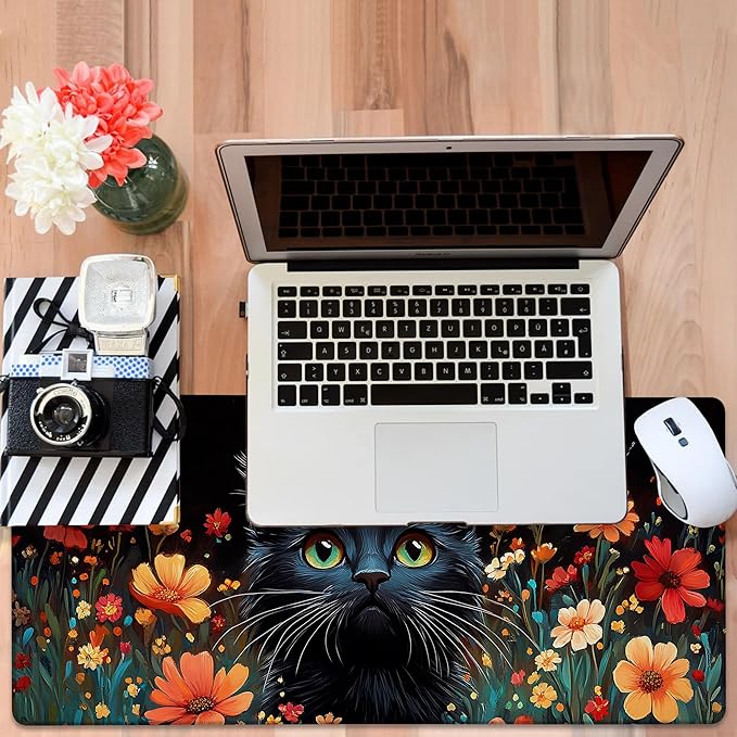 Black Cat and Flowers Gaming Mouse Pad 3mm Thick Stitched Edge Waterproof - Image 6