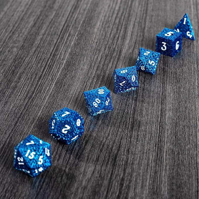 Blue Metal Hollow DND Dice Set Metallic Luster Maze Design - Image 9