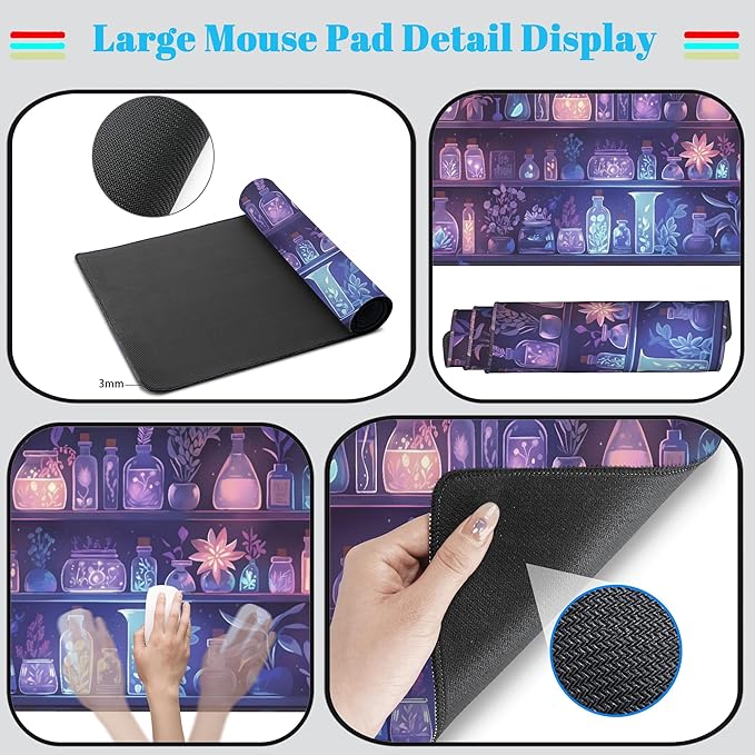 Cute Cozy Purple Gaming Desk Mat, Mystical Potion Bottles Mouse Pad XXL Large - Image 4