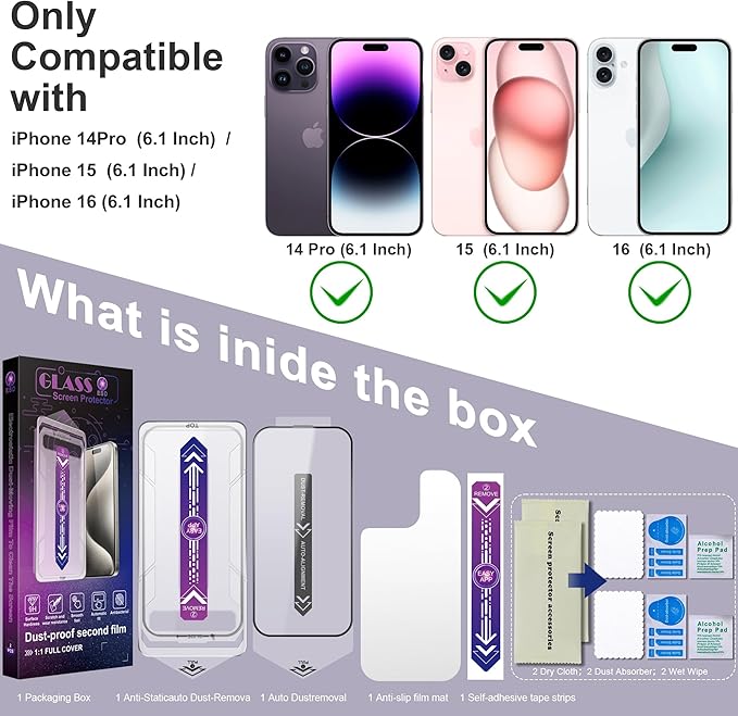 2 Pack Screen Protector for iPhone 14 Pro/iPhone 15 / iPhone 16, 9H Tempered - Image 7