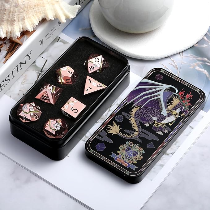 Metal Dice Set D&D, DNDND 7 PCS Flower Metallic DND Dice Set - Image 4
