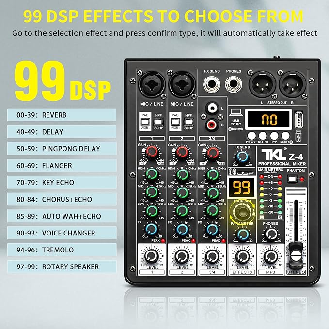 4 Channel Audio Mixer, Professional DJ Mixer Sound Board Mixing Console - Image 3