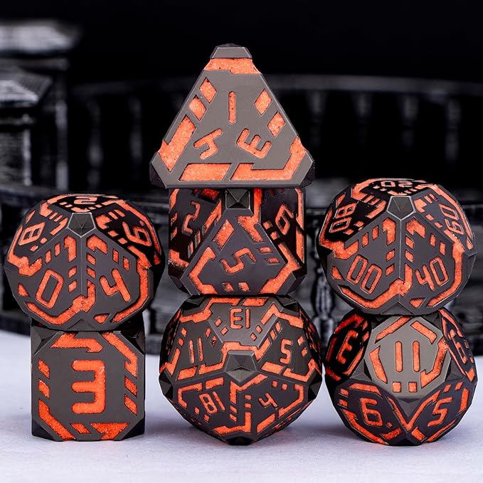 Metal DND Sci-fi Dice Set 7PCS Luminous Orange Stripe Polyhedral Dice - Image 4