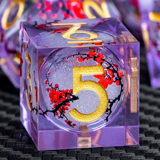 ARUOHHA DND Resin Dice Plum Blossom Liquid Core Golden Purple Sharp Edged by ARUOHHA
