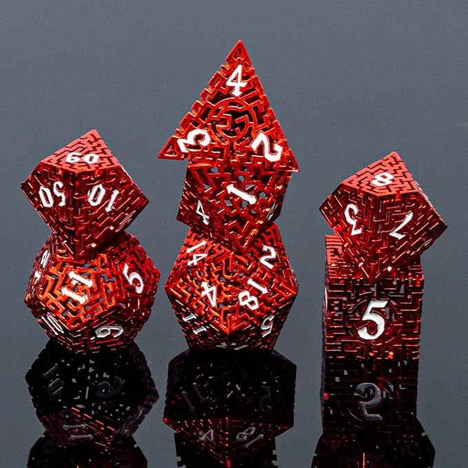 Red Metal Hollow DND Dice Set Metallic Luster Maze Design by Unknown