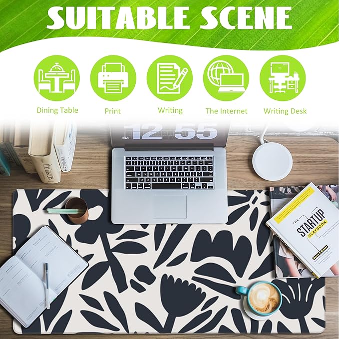 Desk Pad, Hand Drawn Leaves and Flowers Desk Mat, Abstract Plant Large Gaming - Image 3