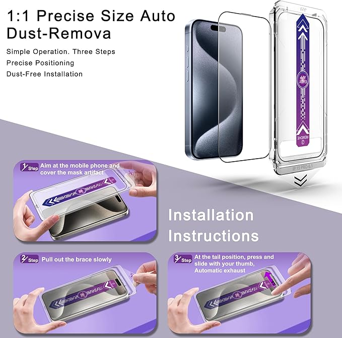 2 Pack Screen Protector for iPhone 15 Pro, 9H Tempered Glass, Full Coverage - Image 3