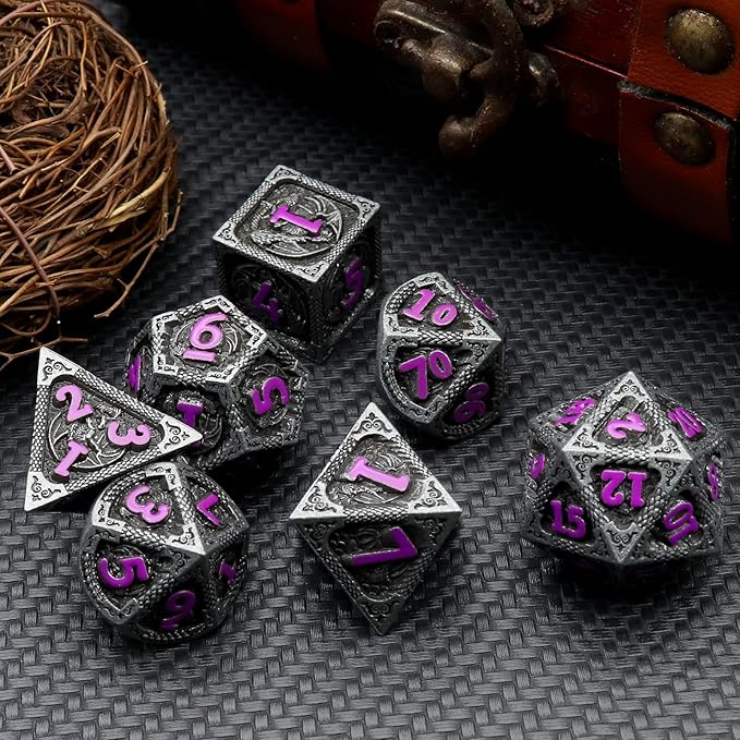 Haxtec Metal DND Dice Set Black Purple Dragon Pattern D&D Dice Set - Image 7