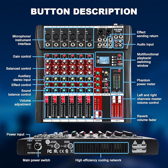 6 Channel Audio Mixer, Professional Music Mixer Board DJ Mixing Console - Image 8