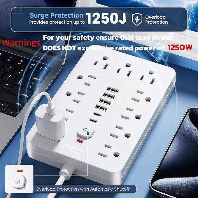 2 Pack 6 FT Flat Plug Surge Protector Power Strip, 11 Multiple AC Outlets - Image 8