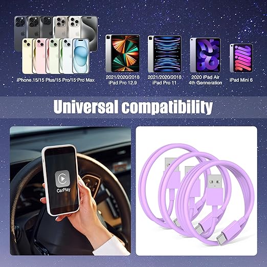 3-Pack Purple USB A to USB C Cable，USB to USB C Car Carplay Cable - Image 6