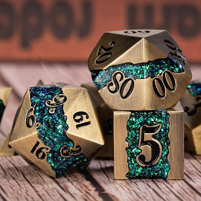 Metal RPG Dice Set, Mica Glitter Stripe Dice DND, Antique Bronze Dice 7pcs Set - Image 3