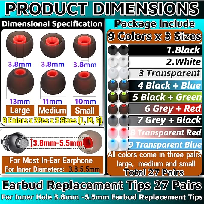 54Pcs Earbud Replacement Tips，Ear Bud Rubber Tips Silicone Earbud Tips Earbud - Image 2