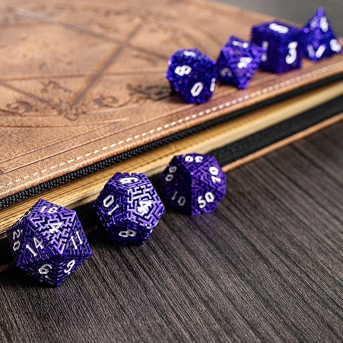 Purple Metal Hollow DND Dice Set Metallic Luster Maze Design - Image 6