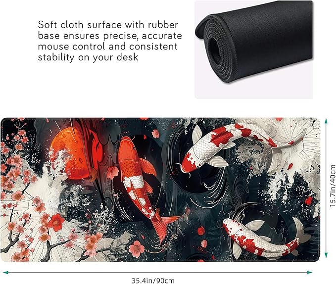 Koi Fish Large Mouse Pad, Gaming Keyboard Desk Pad, Extended Mouse Mat Non-Slip - Image 3