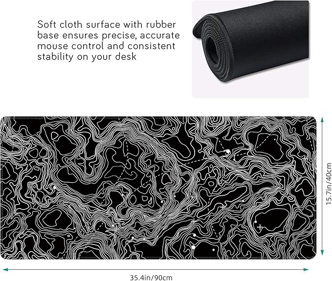 Black with White Topographic Line Large Mouse Pad, Gaming Keyboard Desk Pad - Image 3