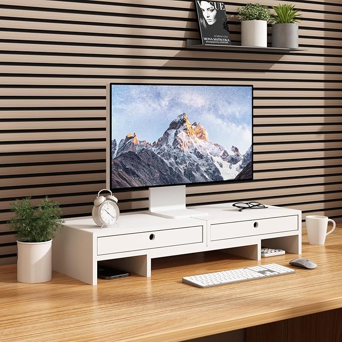 LAPTAIN Monitor Stand with 2 Drawers, Dual Monitor Stand Riser with Adjustable - Image 3