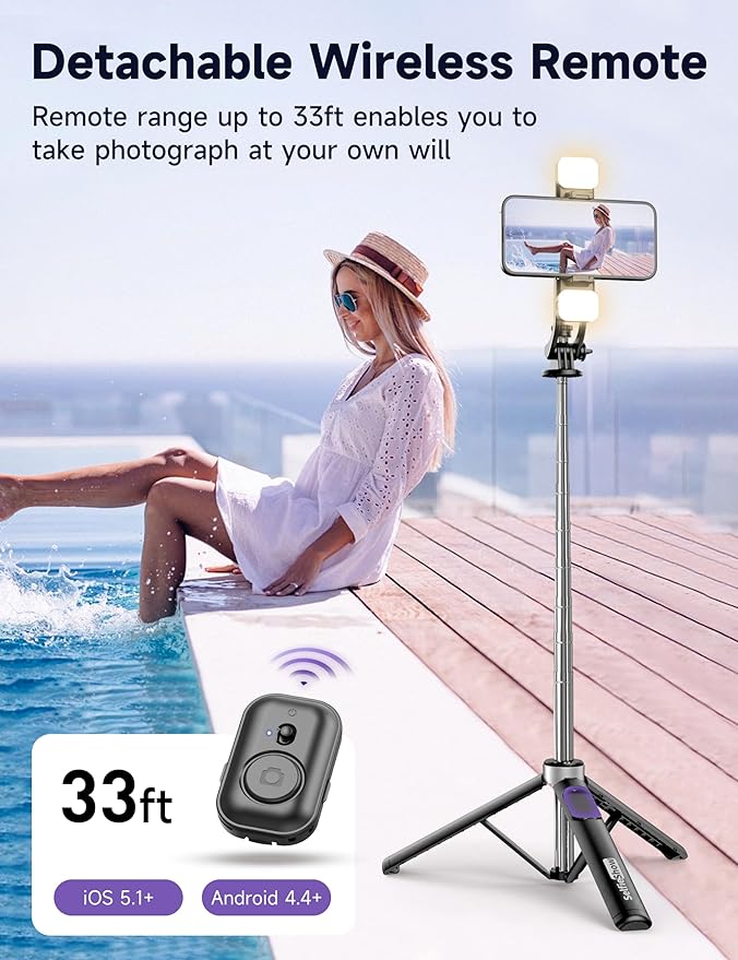 53'' Selfie Stick Tripod with Light, Extendable Selfie Stick with Remote - Image 4