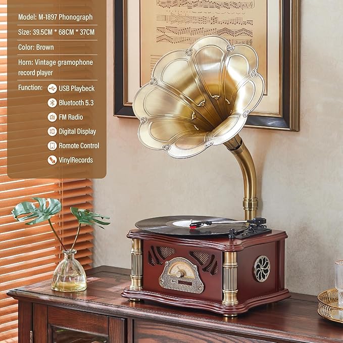 Vintage Gramophone with Bluetooth Output Vintage Record Players Retro - Image 3