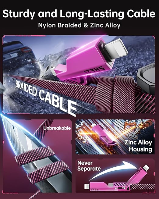 SHEZI 4-in-1 USB C Cable 60W 5FT Fast Charging Flat Nylon Braided Charger Cord - Image 5