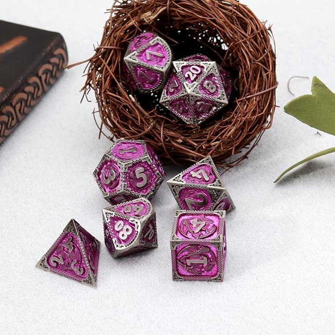 PJOY Metal DND Dice Set with Dice Case Antique Silver Purple Dragon D&D - Image 6
