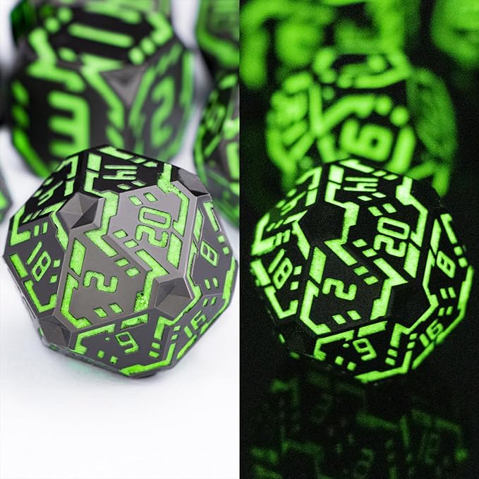 Metal DND Sci-fi Dice Set 7PCS Luminous Green Stripe Polyhedral Dice - Image 2
