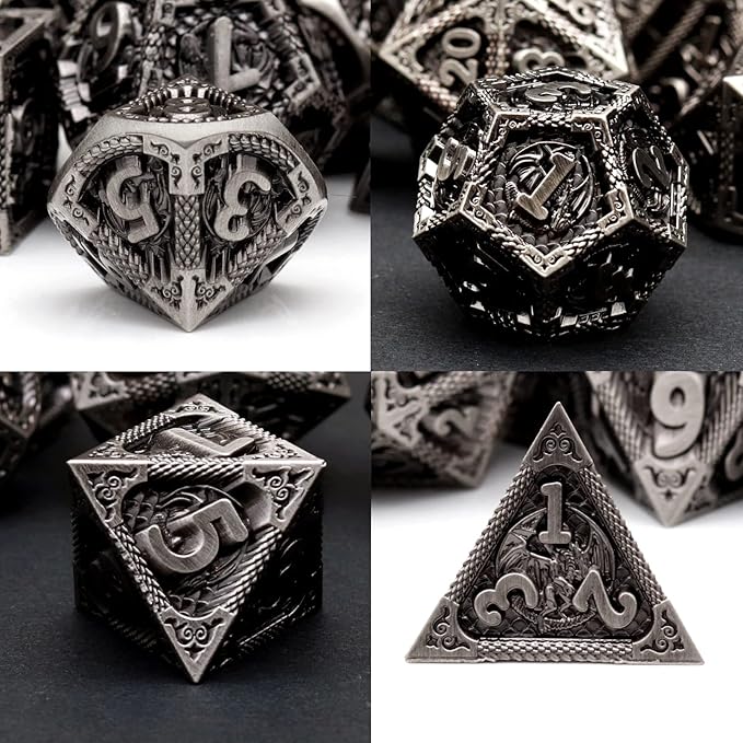 PJOY Metal DND Dice Set Antique Silver Dragon Scale D&D Polyhedral Dice - Image 3