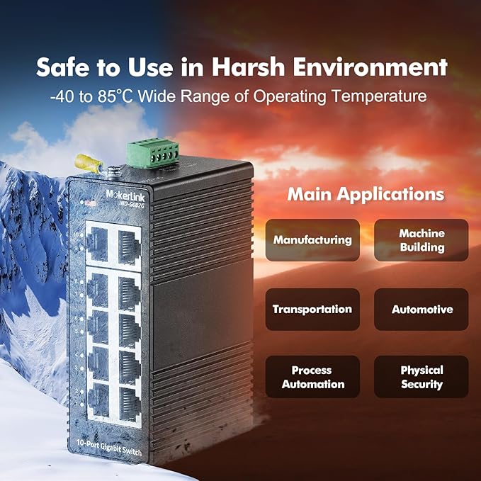 MokerLink 10 Port Gigabit Industrial DIN-Rail Ethernet Switch, Unmanaged IP40 - Image 6