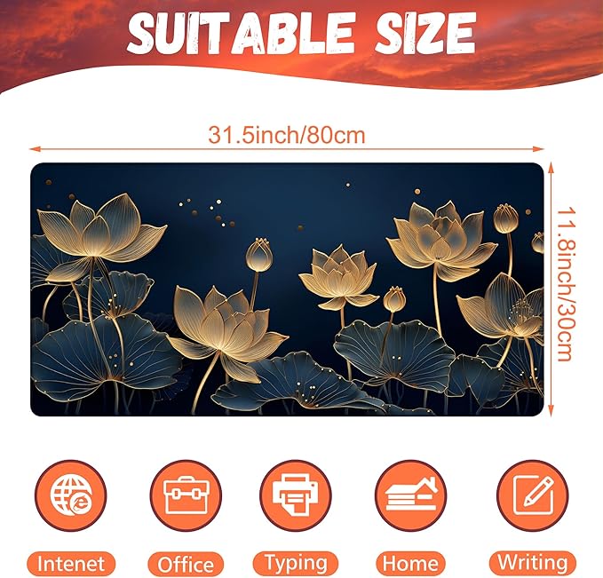 Desk Pad, Luxury Golden Lotus Line Arts Desk Mat, Dark Blue Background Large - Image 2