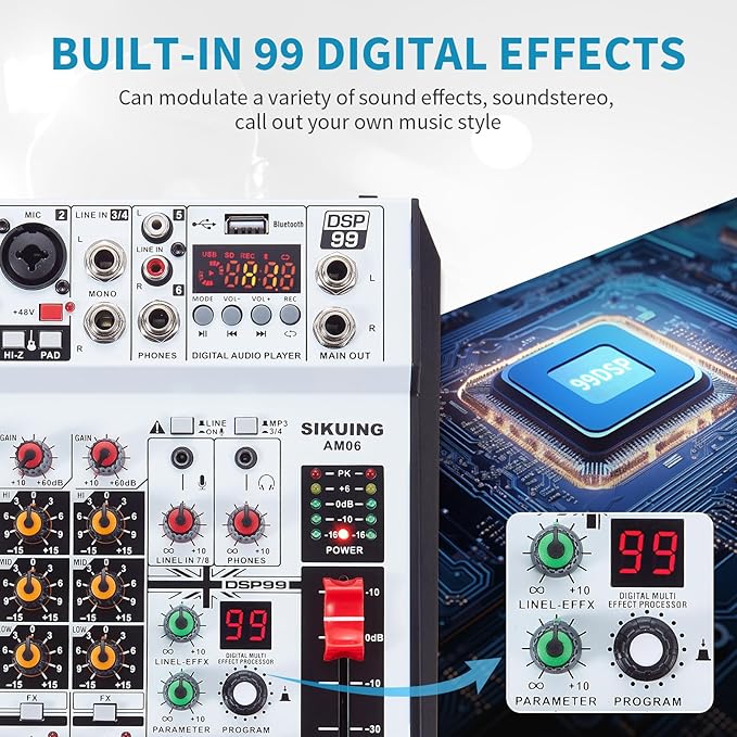 6 Channel Audio Mixer Professional Sound Board Console w/99 DSP Effects 48V - Image 8