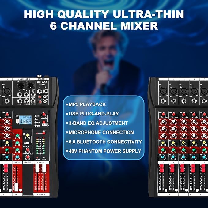 6 Channel Audio Mixer, Professional Music Mixer Board DJ Mixing Console - Image 2