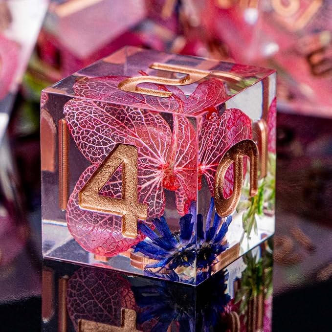 ARUOHHA DND Resin Dice Translucent Pink Leaf Sharp Edged Dragons Dice Set by ARUOHHA