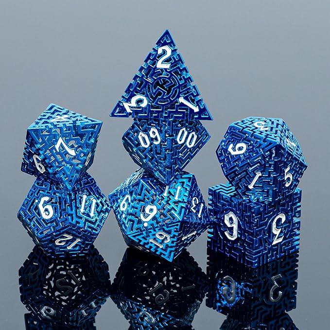 Blue Metal Hollow DND Dice Set Metallic Luster Maze Design by Unknown