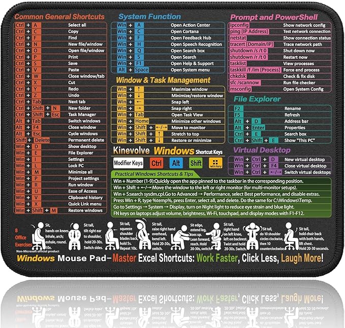 Mouse Pad for Windows Shortcuts – Small Window Cheat Sheet Desk Pad – by Kinevolve