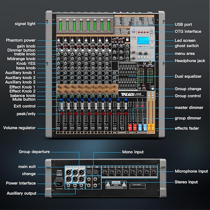 Digital Mixer 16 Channel, Sound Board Mixing Console, Dual DSP Reverb, Dual - Image 7