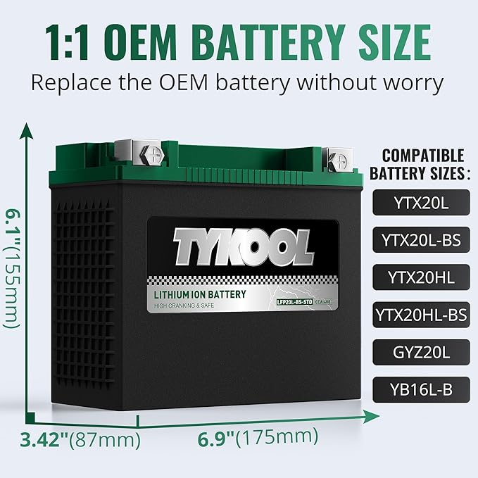 TYKOOL YTX20L-BS-STD Lithium LiFePO4 Motorcycle Battery 12v, 2X Cranking Amps - Image 3