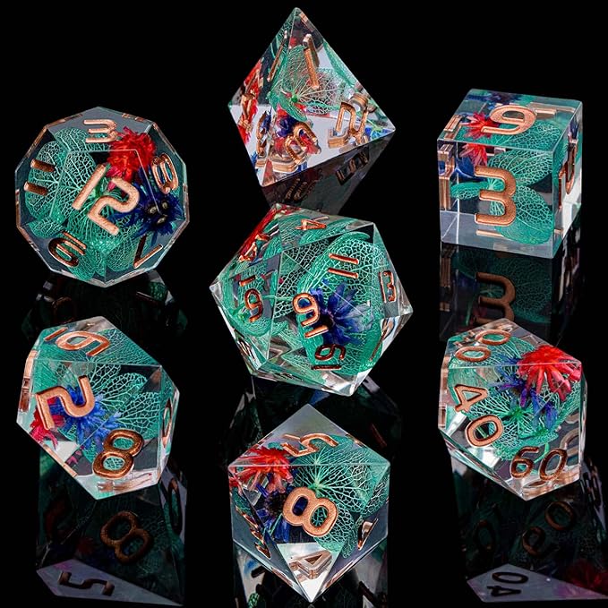 ARUOHHA DND Resin Dice Translucent Green Leaf Sharp Edged Dice Set - Image 2