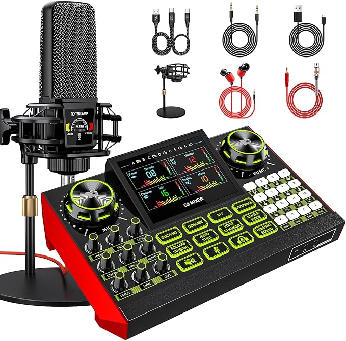 Podcast equipment bundle with live sound card audio mixer, podcast equipment by tenlamp