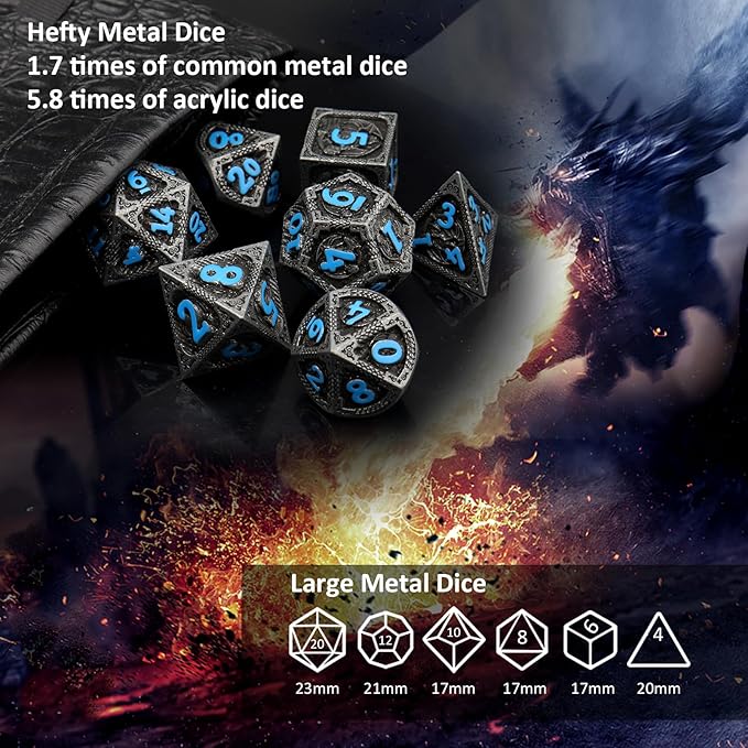 Haxtec Metal DND Dice Set Black Blue Dragon D&D Dice Set - Image 6