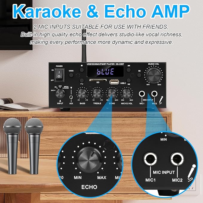 Romica Stereo Audio Amplifier, 2 Channel 500W Bluetooth 5.0 Home Theater Power - Image 7