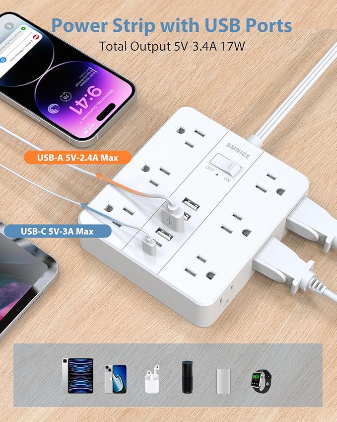 Power Strip Surge Protector 20ft Extension Cord, SMNICE Flat Plug - Image 5