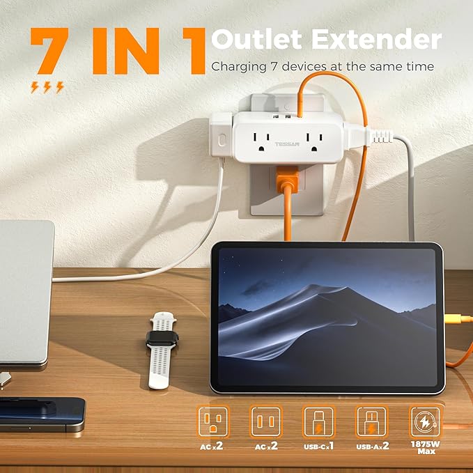 Outlet Extender Surge Protector, TESSAN Multi Plug Splitter - Image 2