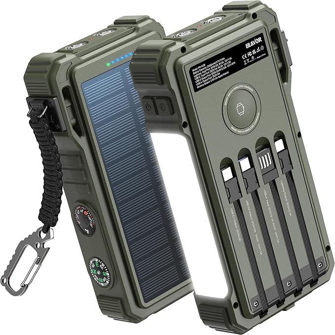 BLAVOR Solar Power Bank 20000mAh/74000mWh Built-in Cables, Wireless Charger by BLAVOR