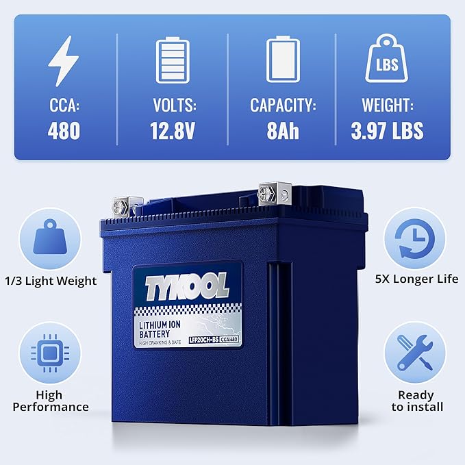 TYKOOL YTX20CH-BS Lithium LiFePO4 Motorcycle Battery, 12V 8Ah, Built in BMS - Image 5