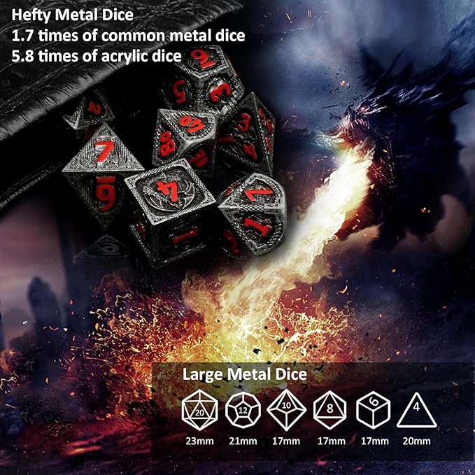 Haxtec Metal DND Dice Set Black Red Dragon D&D Dice Set - Image 5